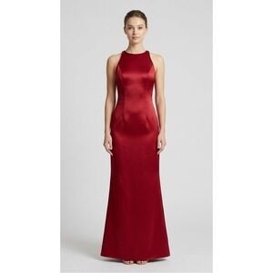 After Six Gown 6 Red Satin High Neck Tie Back Formal Maxi Prom Dress 90s NEW